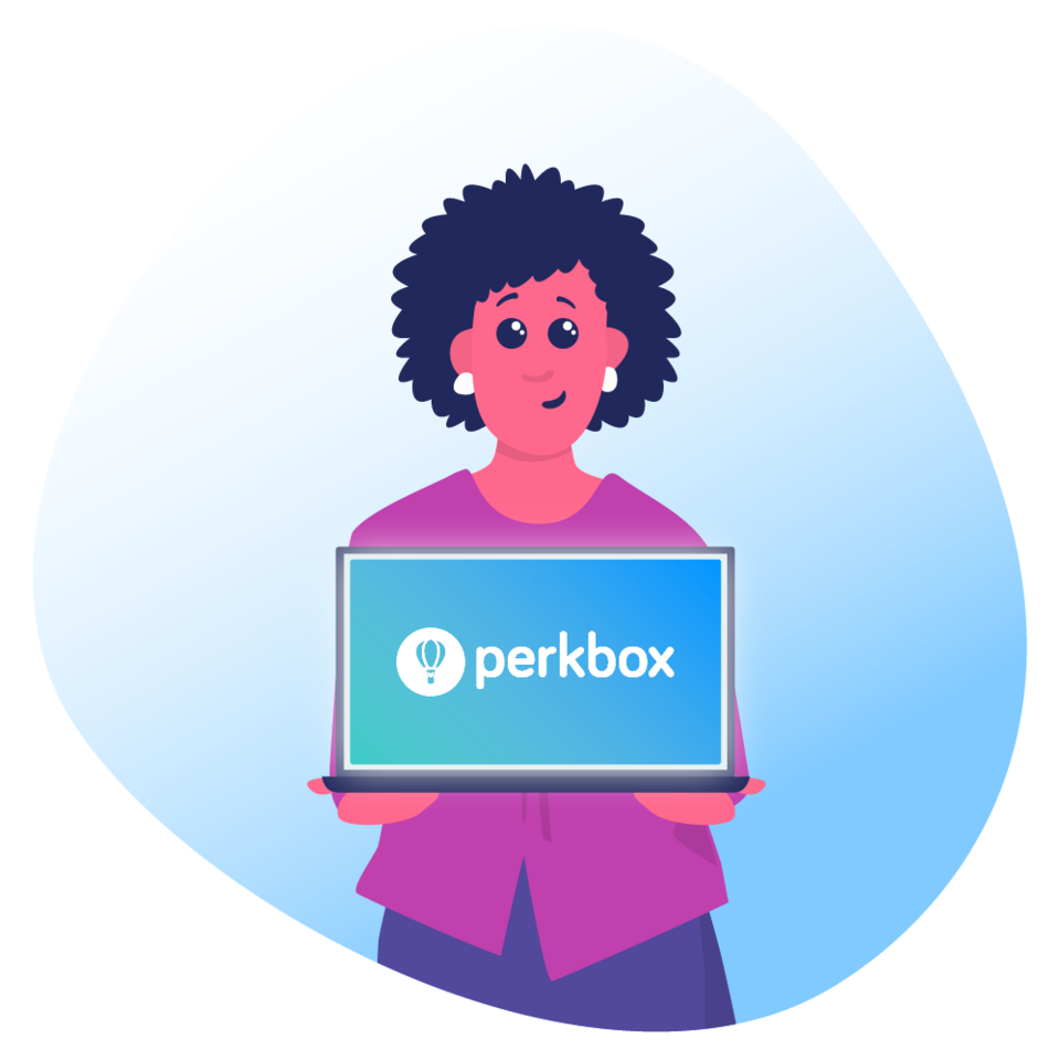 Illustration of woman holding laptop with Perkbox page on screen