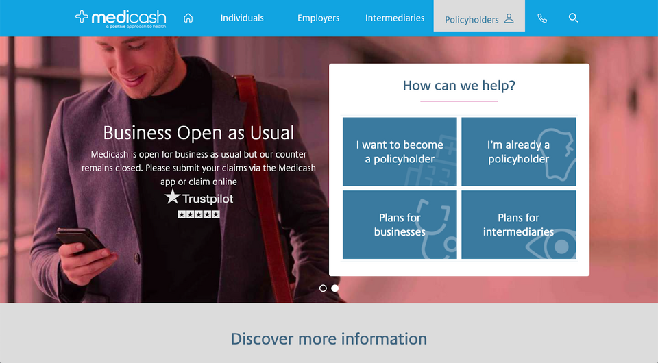 Screenshot of the Medicash and their employee benefits offerings