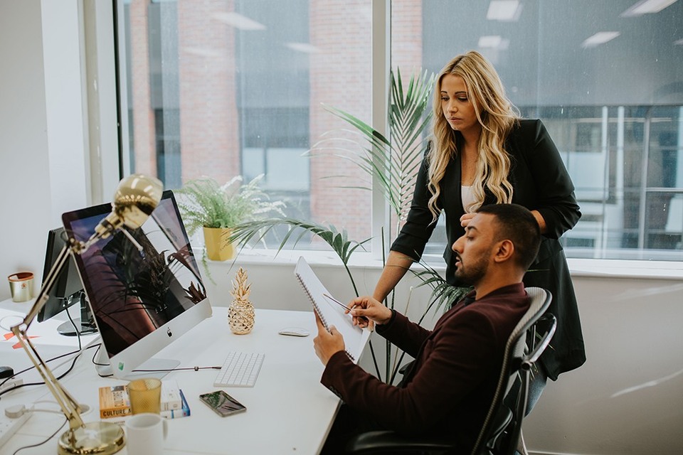 One employee mentoring another as part of a collaborative team.
