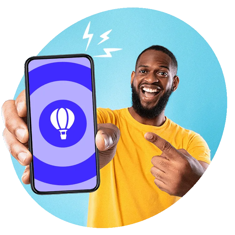Smiling person in a yellow t-shirt holding a smartphone towards the camera, displaying the Perkbox logo on a bright blue screen.