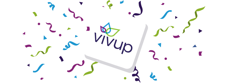 Vivup logo surrounded by confetti