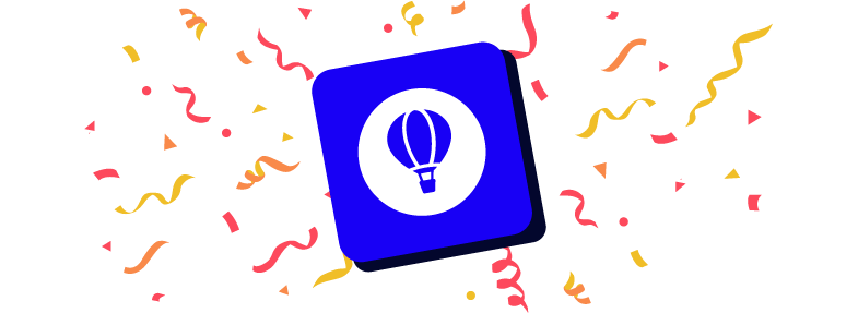 The new Perkbox logo on a bright indigo background, surrounded by celebratory confetti