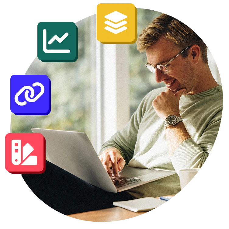 Person using a laptop at a desk, surrounded by icons representing data analytics, integrations, content management, and customisation tools.