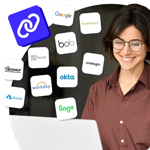 Smiling woman using a laptop with integration icons for platforms like Google, Workday, Okta, and Sage floating around her.