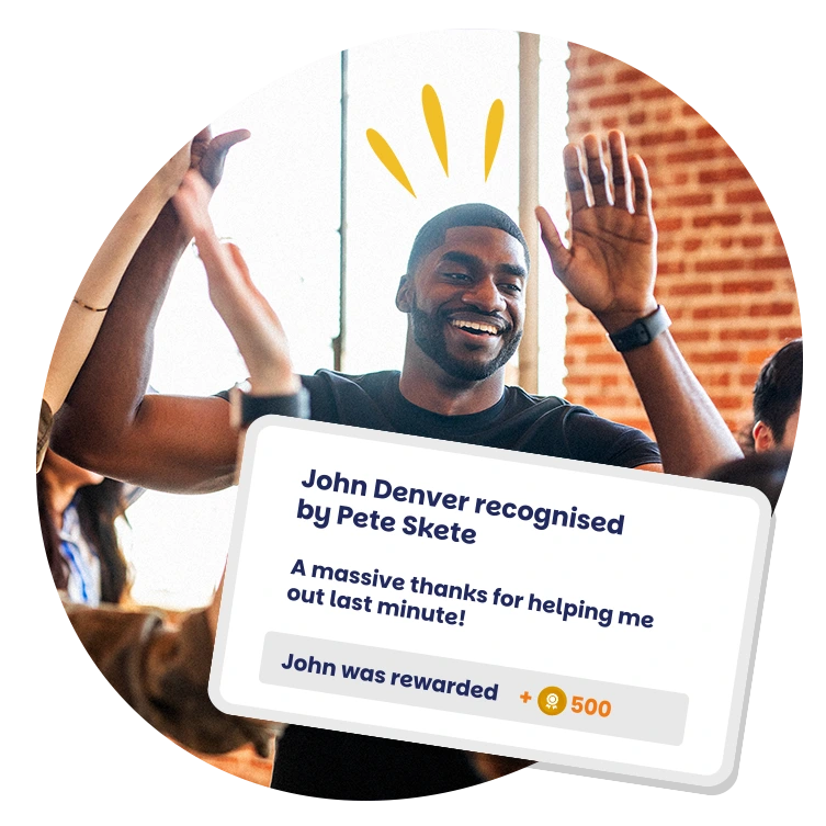 Smiling employee high-fiving a colleague after receiving recognition and a 500-point reward in a workplace appreciation platform.