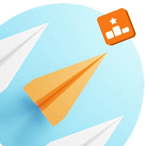 Orange paper plane soaring ahead of white ones on a blue background, symbolising standout performance and employee recognition.