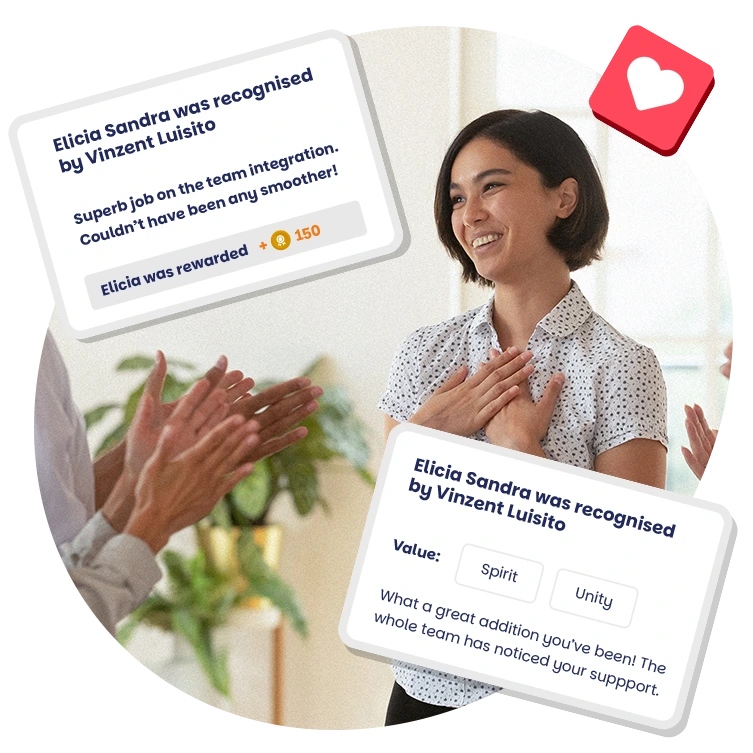 Smiling employee being applauded after receiving peer-to-peer recognition, with digital reward cards highlighting teamwork and company values like spirit and unity.