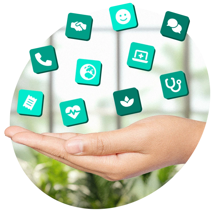 Open hand balancing wellbeing icons representing health, support, and lifestyle benefits in a bright, natural setting.