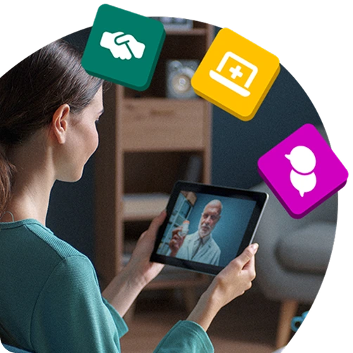 Person having a virtual consultation with a doctor via tablet, surrounded by icons for support, healthcare, and communication—representing digital wellbeing access.