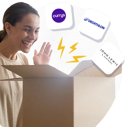 A smiling person opens a box with excitement as brand logos from Currys, Decathlon, and John Lewis emerge, symbolising employee savings.