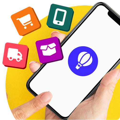 Hand holding a smartphone displaying the Perkbox logo, surrounded by icons for shopping, delivery, mobile access, and offers.