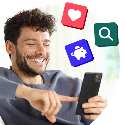 Smiling person using a smartphone, surrounded by floating icons including a heart, piggy bank, and magnifying glass, symbolising savings.