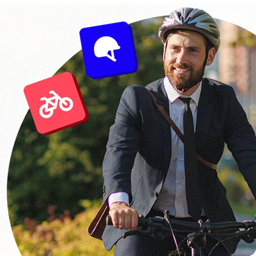 Person in a suit riding a bicycle with a helmet, smiling, surrounded by icons of a bike and helmet, representing a cycle to work employee benefit.