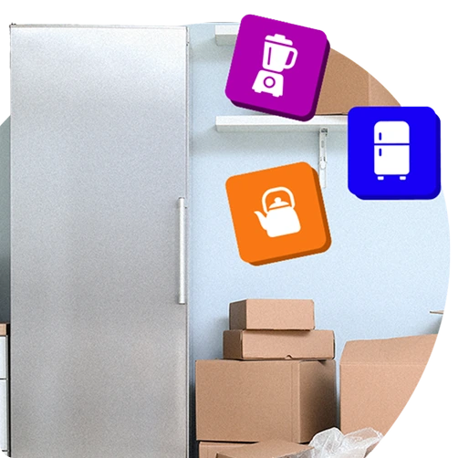 Stacked cardboard boxes beside a silver fridge, with floating icons of a blender, kettle, and fridge representing home and electronics employee benefits.