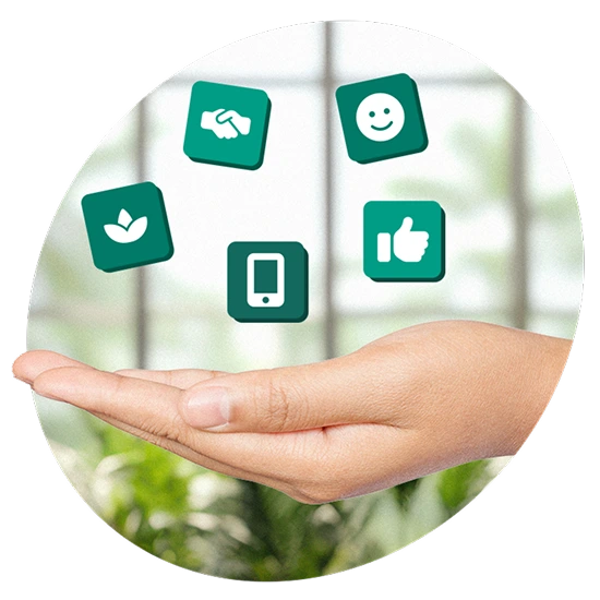 Open hand beneath floating green icons representing wellness, connection, positivity, and digital support.