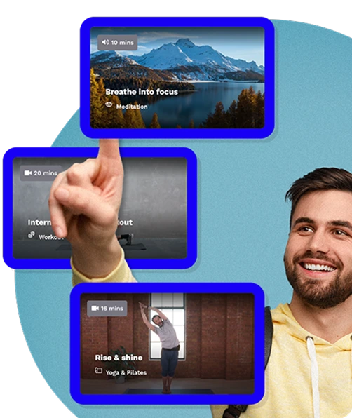 Smiling person pointing at floating video thumbnails for meditation, workouts, and yoga.