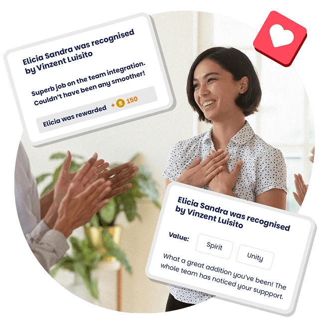 Smiling employee being applauded after receiving peer-to-peer recognition, with digital reward cards highlighting teamwork and company values like spirit and unity.