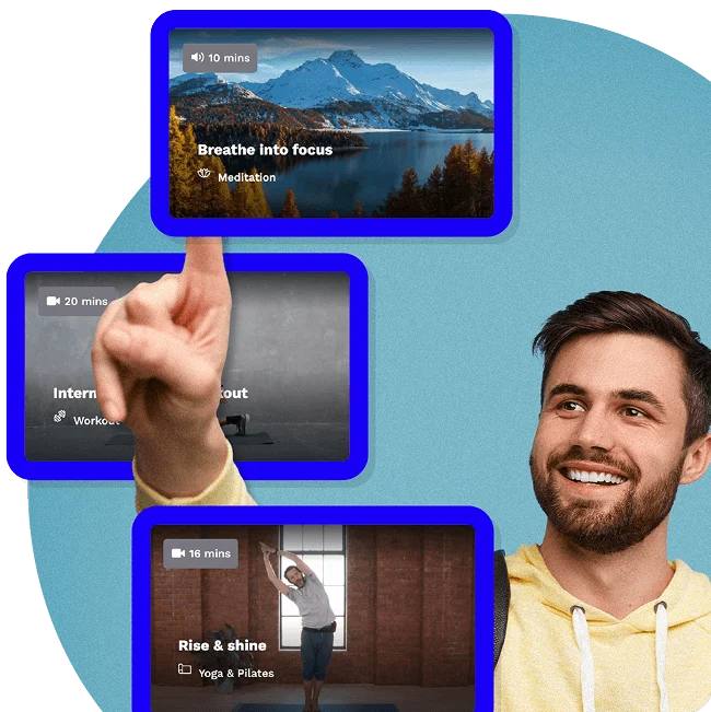 Smiling person selecting from a digital wellbeing library of meditation, workout, and yoga sessions—highlighting on-demand employee wellness content.