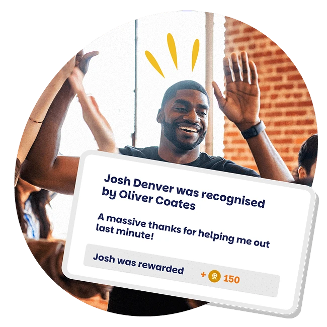 Smiling employee high-fiving a colleague after receiving recognition and a 500-point reward in a workplace appreciation platform.