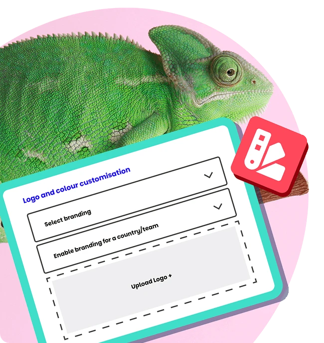 Green chameleon next to a branding customisation interface, symbolising flexibility in logo and colour settings.
