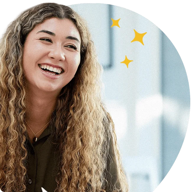 Smiling person with curly hair in an office setting, with illustrated handshake icon and sparkles symbolising employee recognition or partnership.
