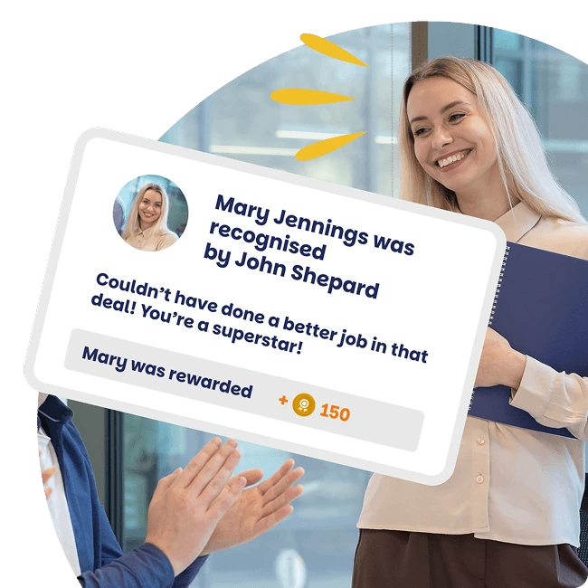 Hands clapping below a digital recognition message showing an employee being thanked and rewarded with 500 points, with heart icons symbolising appreciation