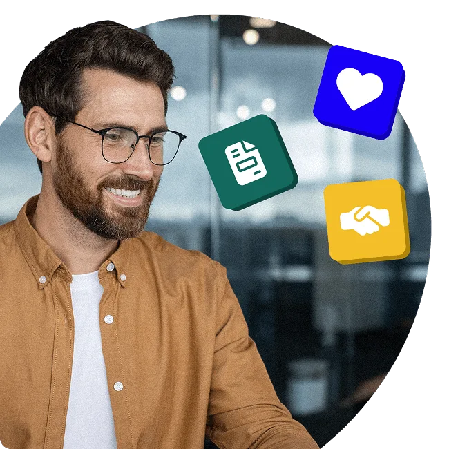 Smiling person in an office setting, with floating icons of a document, handshake, and heart, representing the business advantages of offering a car salary sacrifice scheme.