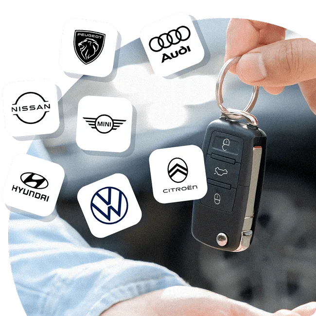 Car key surrounded by logos of major car brands including Volkswagen, Audi, Nissan, and Mini.