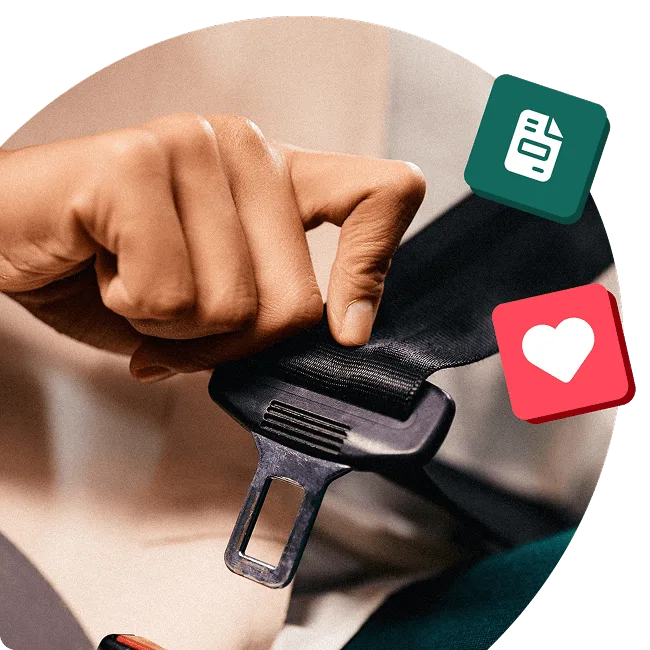 Close-up of a hand fastening a seatbelt, with floating icons of a document and heart, symbolising the safety and peace of mind.