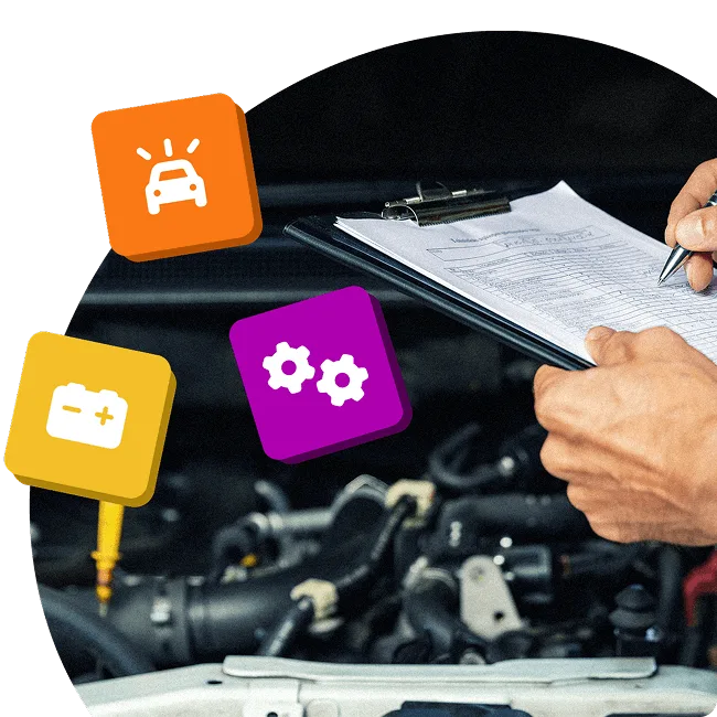 Close-up of a mechanic holding a clipboard beside an open car engine, with icons representing diagnostics and car servicing.