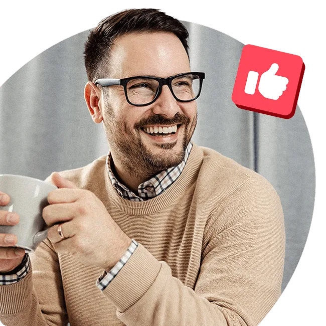 Smiling person in glasses holding a mug, with a floating thumbs-up icon, symbolising employer confidence and peace of mind.
