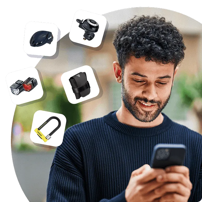 Smiling person using a smartphone, surrounded by icons of cycling accessories, representing options in a Cycle to Work scheme.