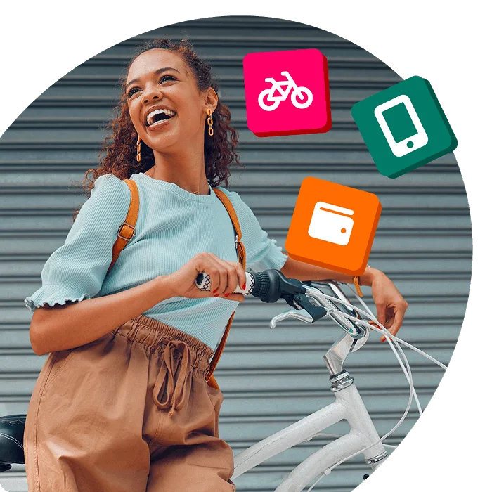 Smiling person standing with a bicycle, surrounded by icons of a bike, smartphone, and wallet, illustrating the ease and flexibility of joining a Cycle to Work scheme.