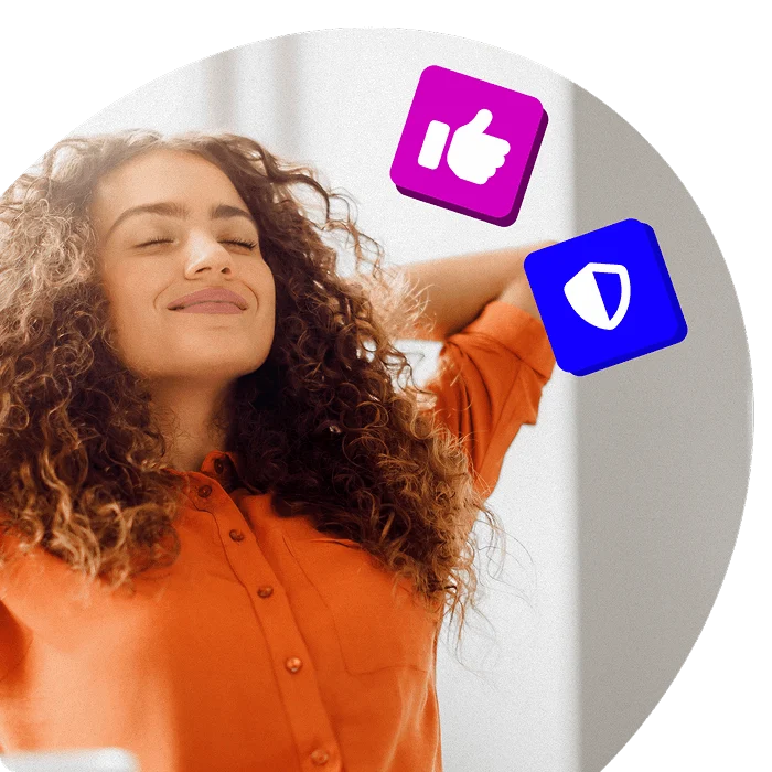 Relaxed employee smiling with eyes closed and arms behind her head, surrounded by icons of a thumbs-up and shield, symbolising financial wellbeing from Cycle to Work savings.