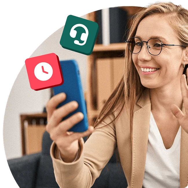 Person smiling during a video call on their phone, with headset and clock icons symbolising instant access to real-time EAP support when it’s needed most.