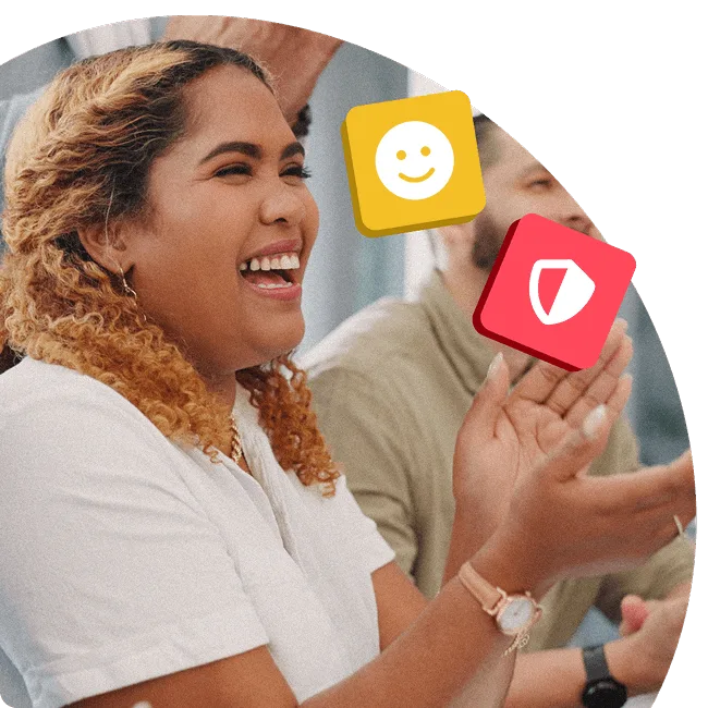 Smiling person clapping in a group setting, surrounded by icons symbolising happiness and protection