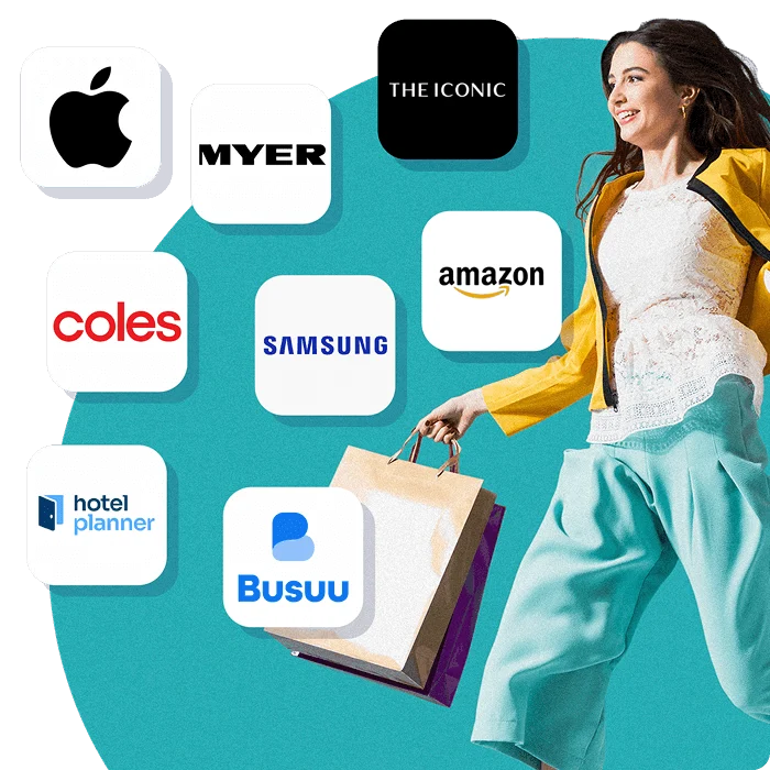 Smiling person holding shopping bags surrounded by brand logos including Uber Eats, H&M, Spotify, and Hotels.com, representing Perkbox retail and lifestyle discounts.