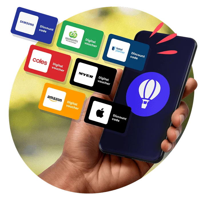 Hand holding a smartphone with the Perkbox icon, surrounded by digital and physical reward cards from brands in Australia such as Woolworths, coles, myer and many more.