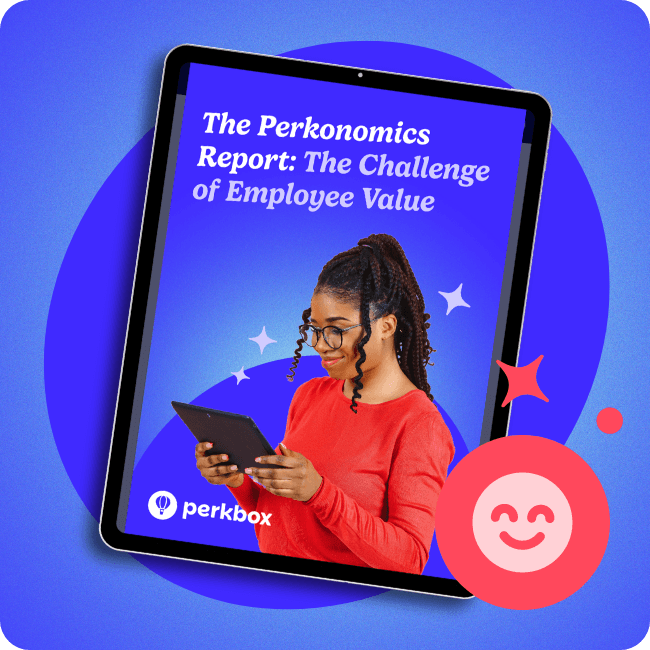 Digital cover of the Perkbox report titled “The Perkonomics Report: The Challenge of Employee Value,” featuring a smiling person using a table on an indigo background.