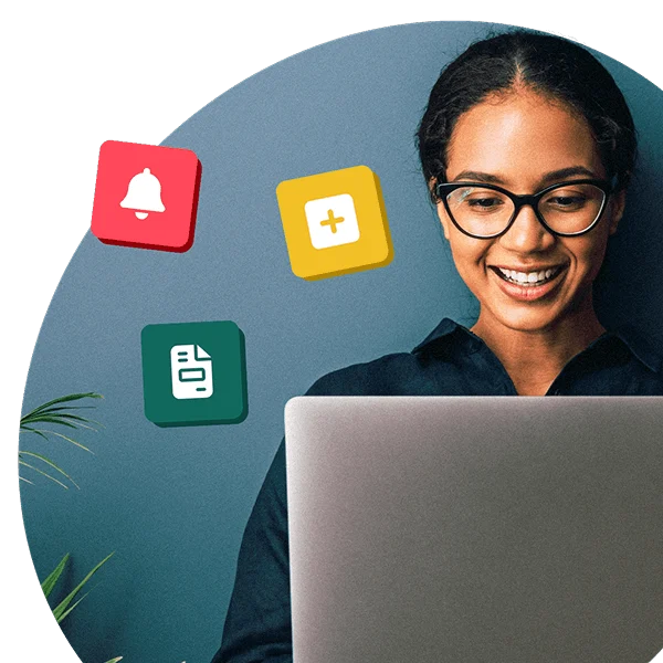 Person at a laptop with icons representing documentation, notifications, and customisation