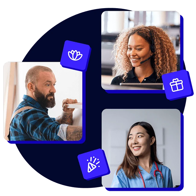 Team leads and managers in various roles with icons representing employee wellbeing, recognition, and reward