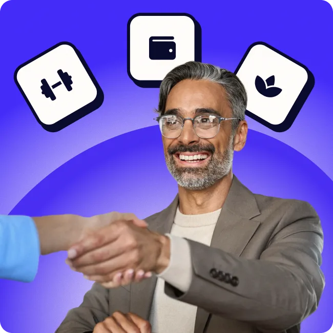 New employee joining the team, surrounded by icons representing physical, financial, and emotional wellbeing