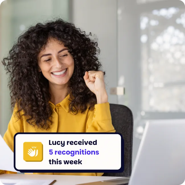 Employee being recognised for great work, with a callout saying Lucy received 5 recognitions this week