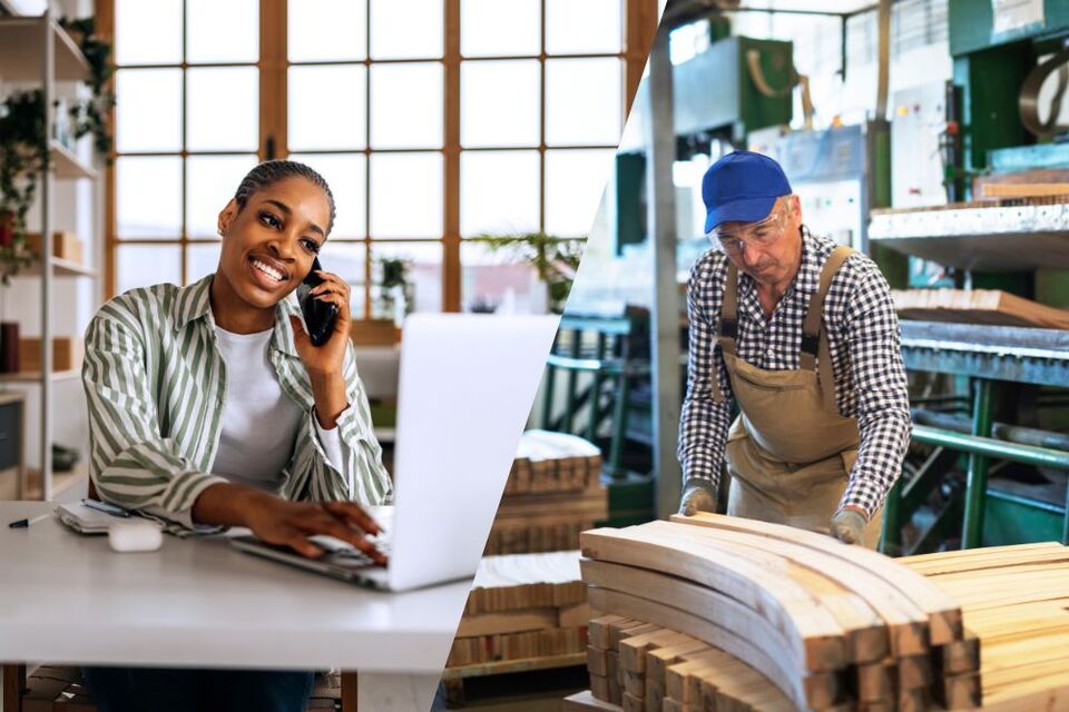someone an office on one side and someone working in a factory