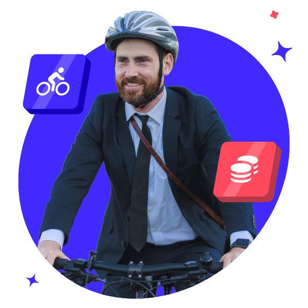 Man in suit commuting to work on his bike.