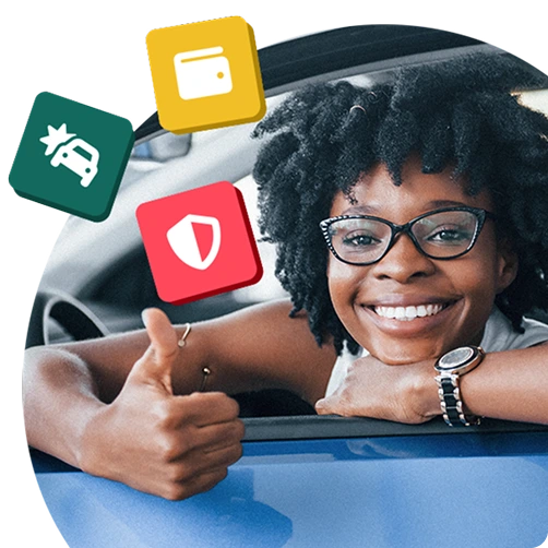 Smiling lady leaning out of a car window with her thumb up, surrounded by icons for car benefits.