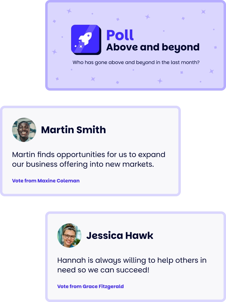 Poll card titled 'Above and beyond: who has gone above and beyond in the last month?' above two nomination entries with colleague photos and comments.