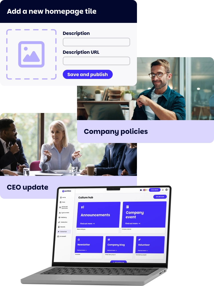 Screenshot of a 'Add a new homepage tile' form beside a laptop showing the Perkbox Culture Hub dashboard, with photo tiles for Company Policies and CEO Update.