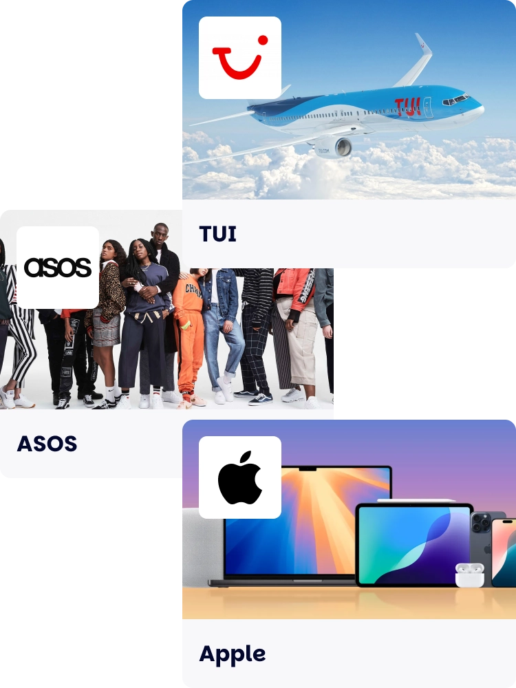 Three brand tiles stacked: TUI plane in flight, ASOS group of models, and Apple devices including a laptop, tablet, and iPhone."