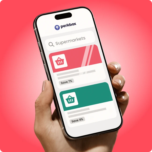 Smartphone showing supermarket discounts on the Perkbox App.